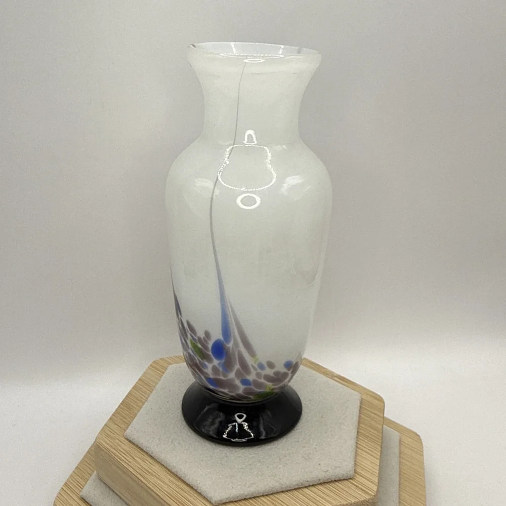 Vintage Art Glass Vase. Hand Blown with Pontil Mark. White and Amethyst Purple